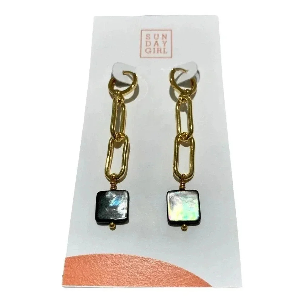 NEW Sunday Girl Gold Tone Chain Link and Abalone Earrings